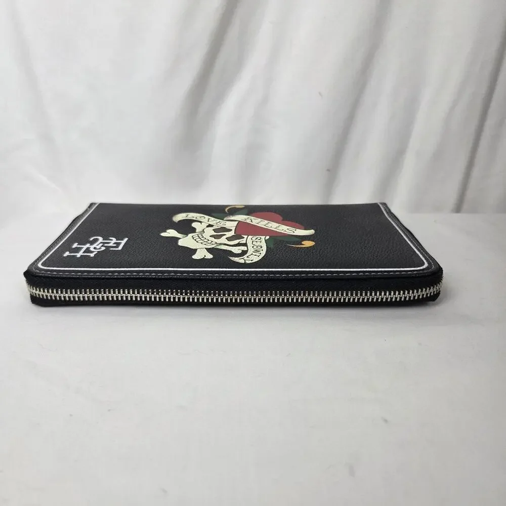 Ed Hardy Black Skull Love Kills Slowly Wallet Zip Around Card Holder Pocket Book